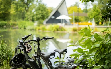Zwei E-bikes stehen am Sauerlandradring im Hintergrund ist die Lenne zu sehen.