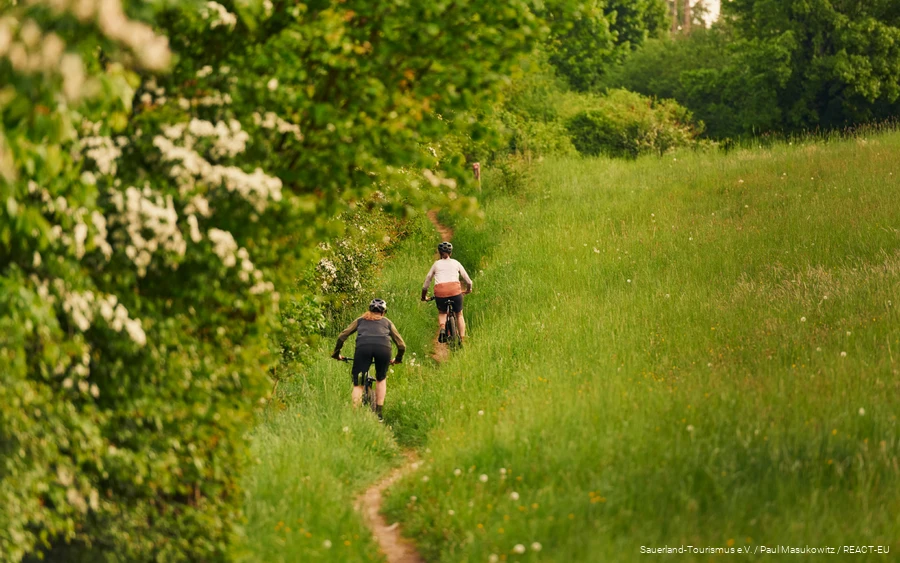 2 MTBikerinnen grüne Wiese (weit) (2022) 2 MTBikerinnen fahren einen Trail welcher durch eine grüne Wiese führt.