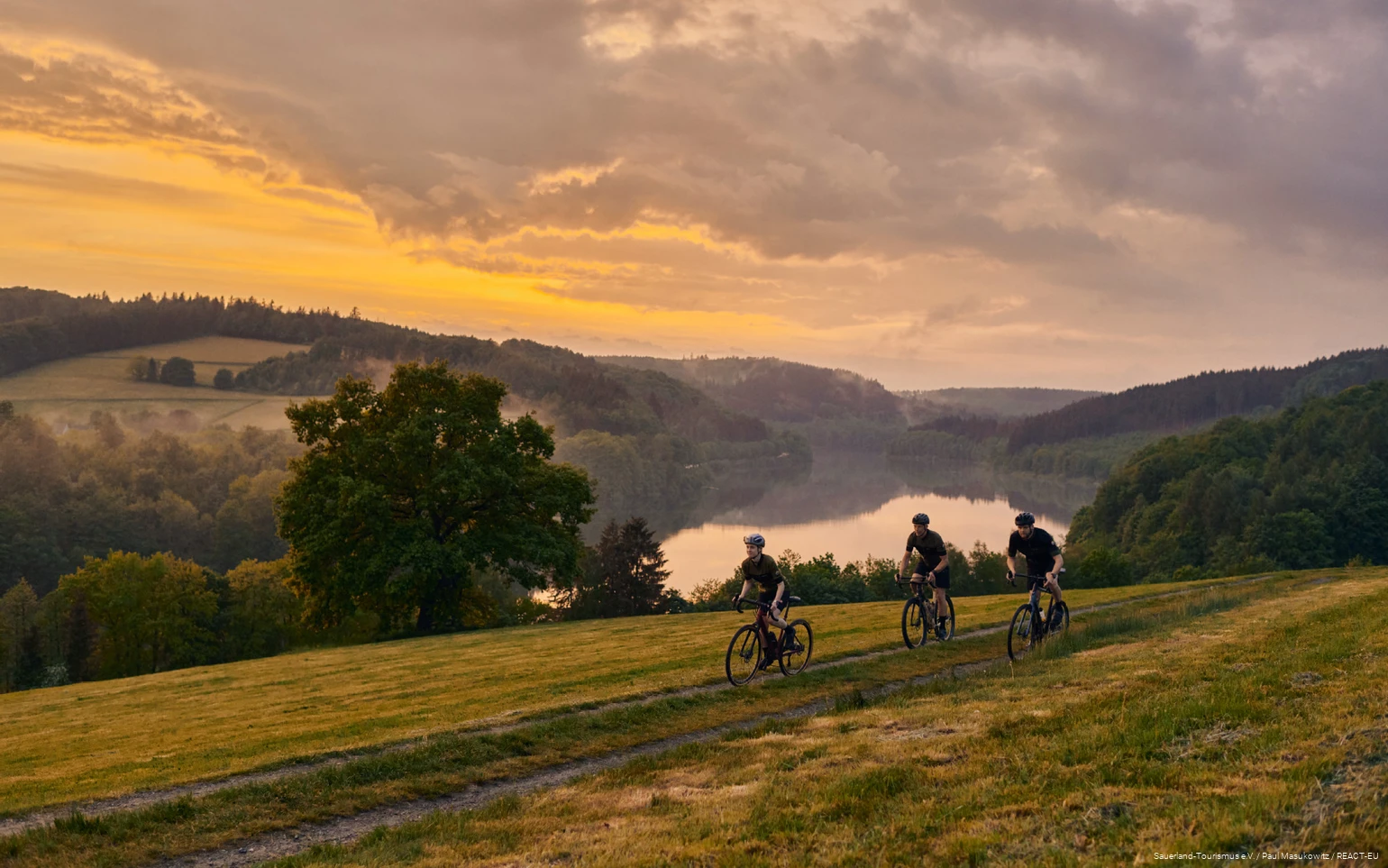 Drei Gravelbiker fahren über über eine Wiese, hinter ihnen liegt ein See.